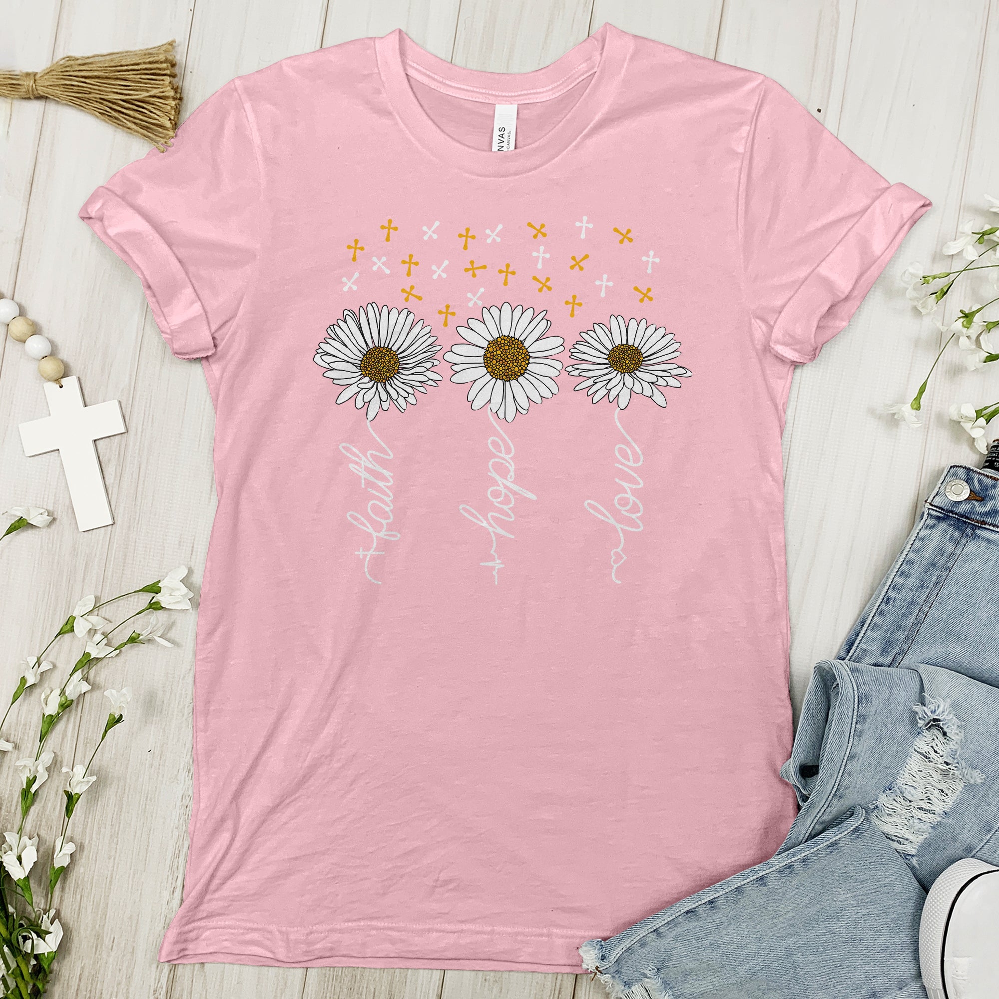 Faith, Hope and Love with Daisies and Cross