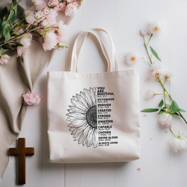 Sunflower Scripture Affirmation Tote Bag