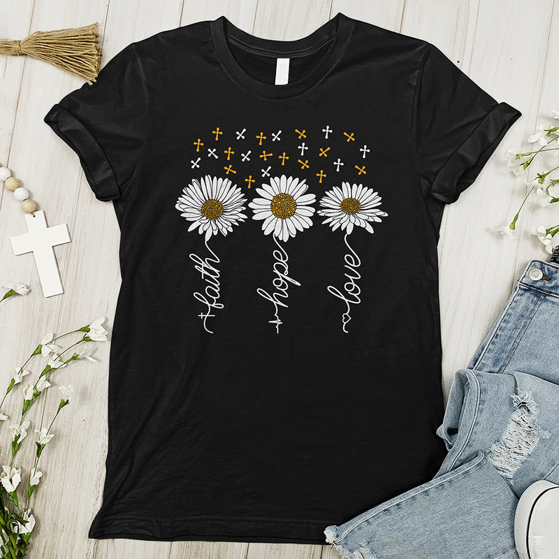 Faith, Hope and Love with Daisies and Cross