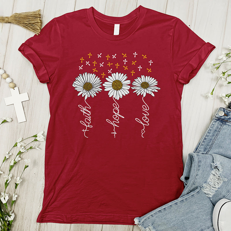 Faith, Hope and Love with Daisies and Cross