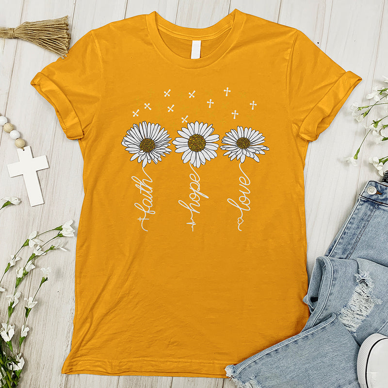 Faith, Hope and Love with Daisies and Cross